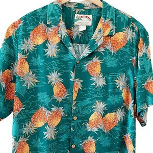 VTG 80s Paradise Found Hawaiian Aloha Shirt Pineapple Print Green Yellow